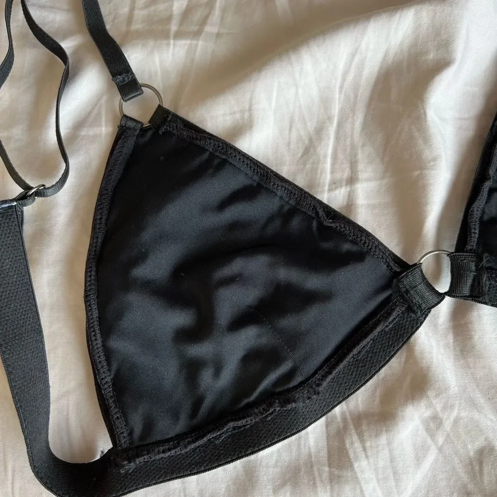 Dolls Kill black goth metal rings mesh black satin bra top statement piece  M